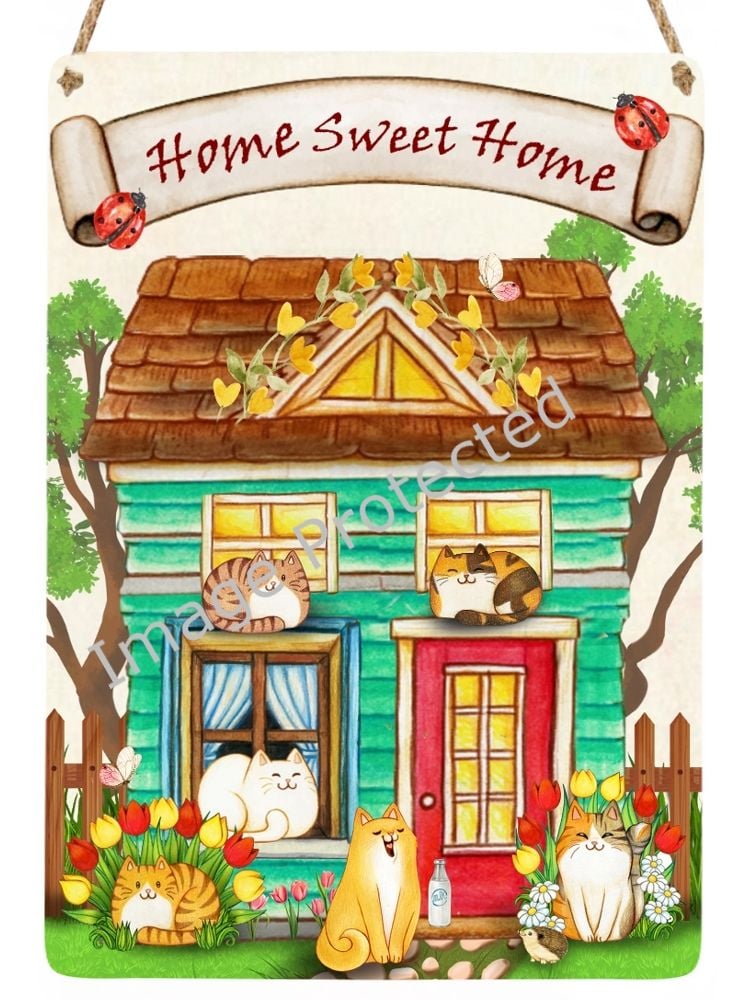 Cutie Cats - Hanging Metal Sign - Home Sweet Home