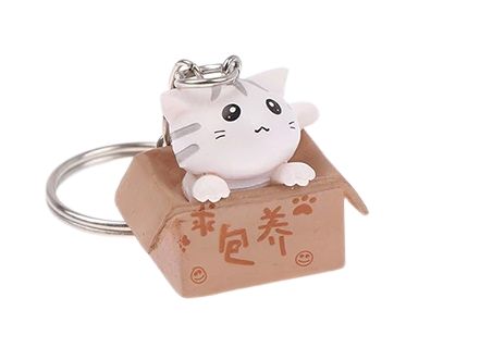 Cat In A Box Keyring - White Cat With Grey Stripes