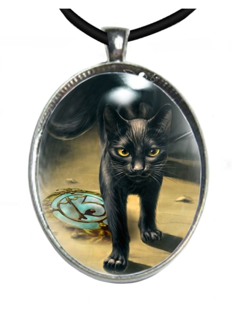 Silver Plated Large Oval Cabochon Necklace - Lucky Black Cat -13
