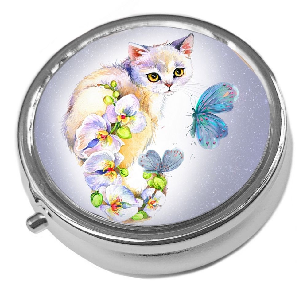 Orchids & Butterfly Cat - Metal Pill Box - Cat Trinket Box