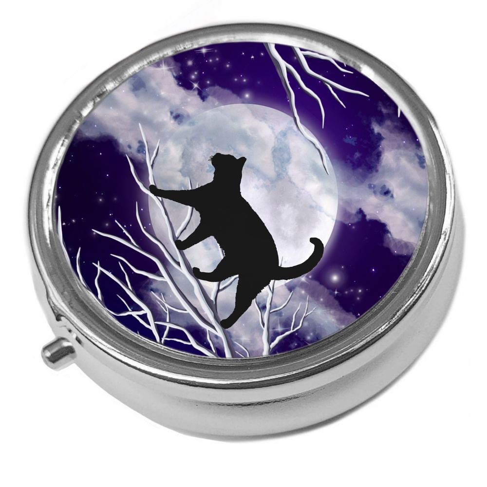 Cat On Moonlit Branch - Metal Pill Box - Cat Trinket Box 