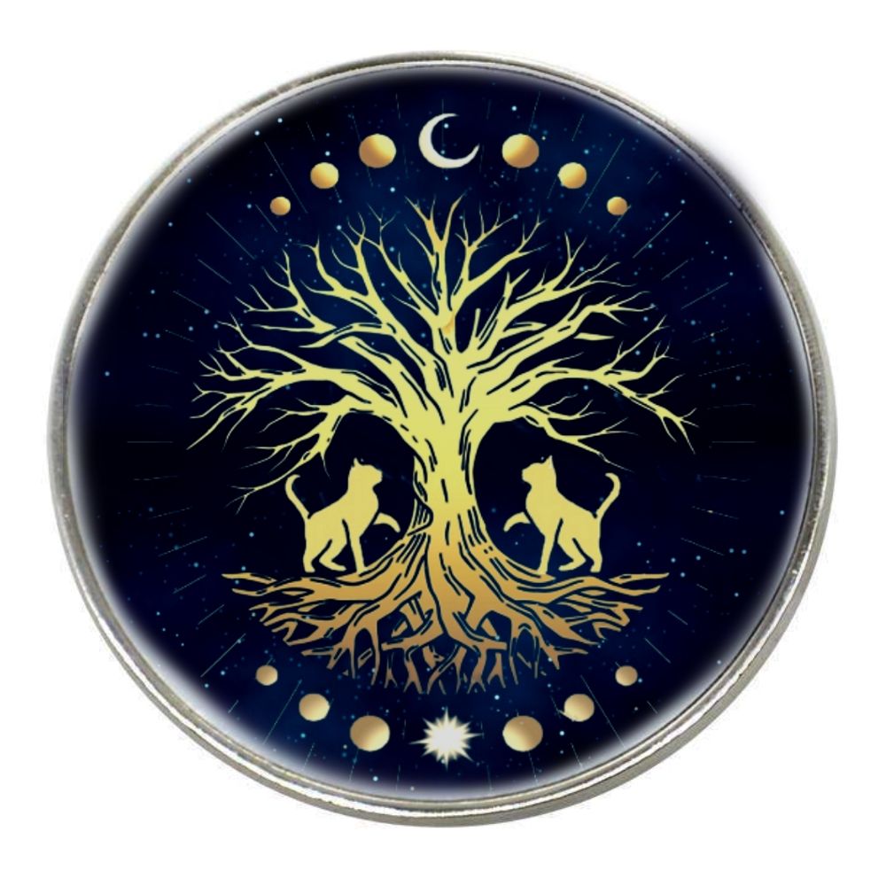 Round Chrome Finish Metal Magnet - 2 Cats, Tree Of Life, Moon Phases
