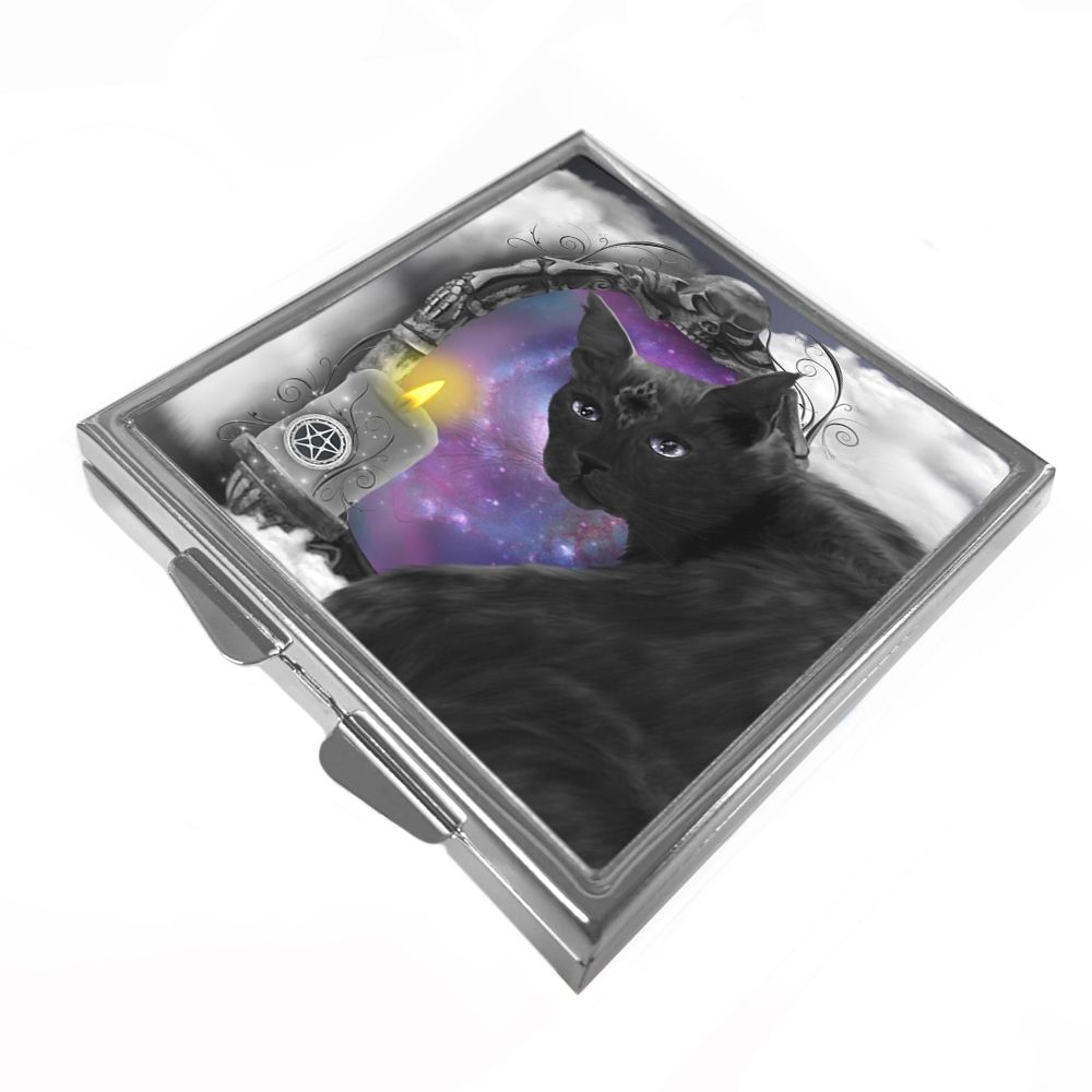 Mirror Mirror - black cat, pentagram, mirror and candle -  Square  Pill / Trinket Box - cat box