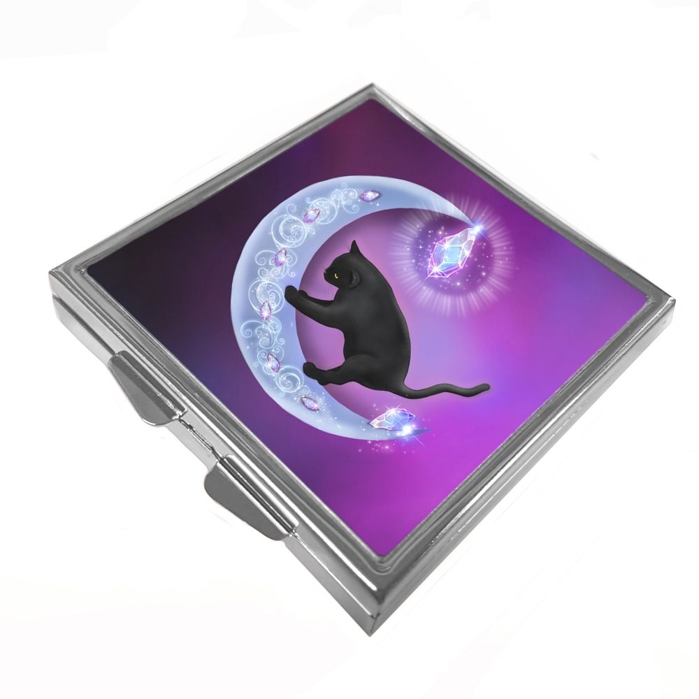 The Healer - Black Cat & Moon -  Square  Pill / Trinket Box - cat box