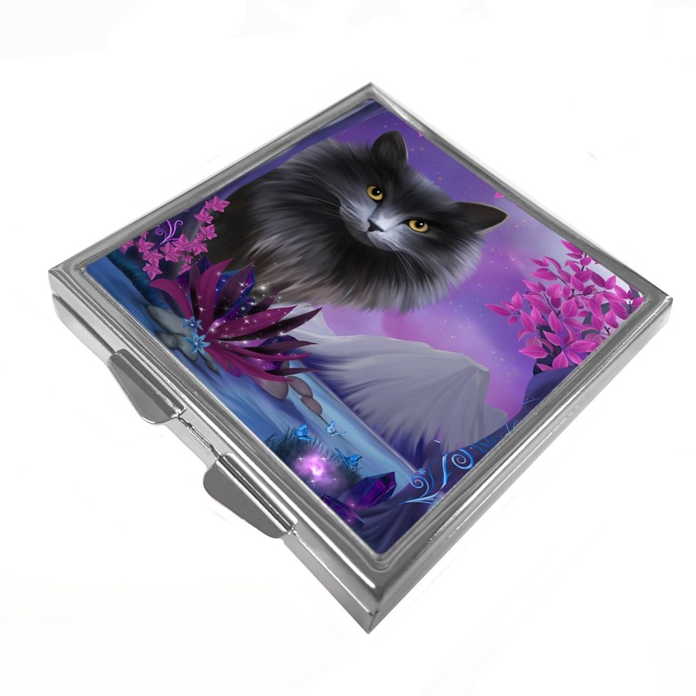 Obsidion - Grey Cat -  Square  Pill / Trinket Box - cat box