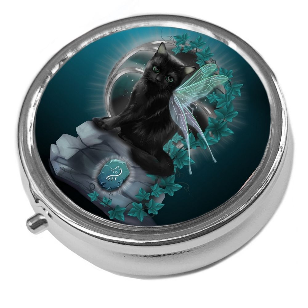 Fantasy Black Cat Rune - Metal Pill Box - Cat Trinket Box 