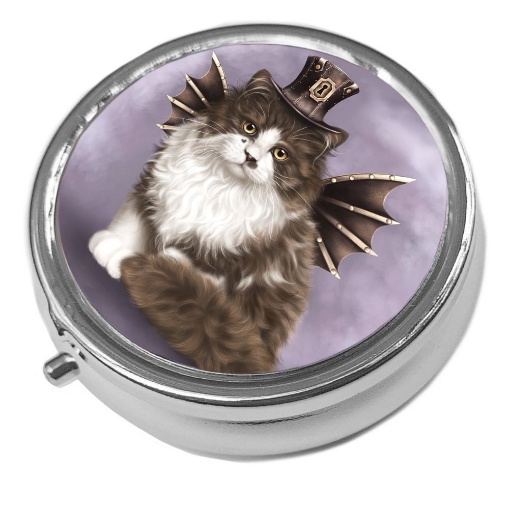 Steampunk Valentine Cat - Metal Pill Box - Cat Trinket Box 