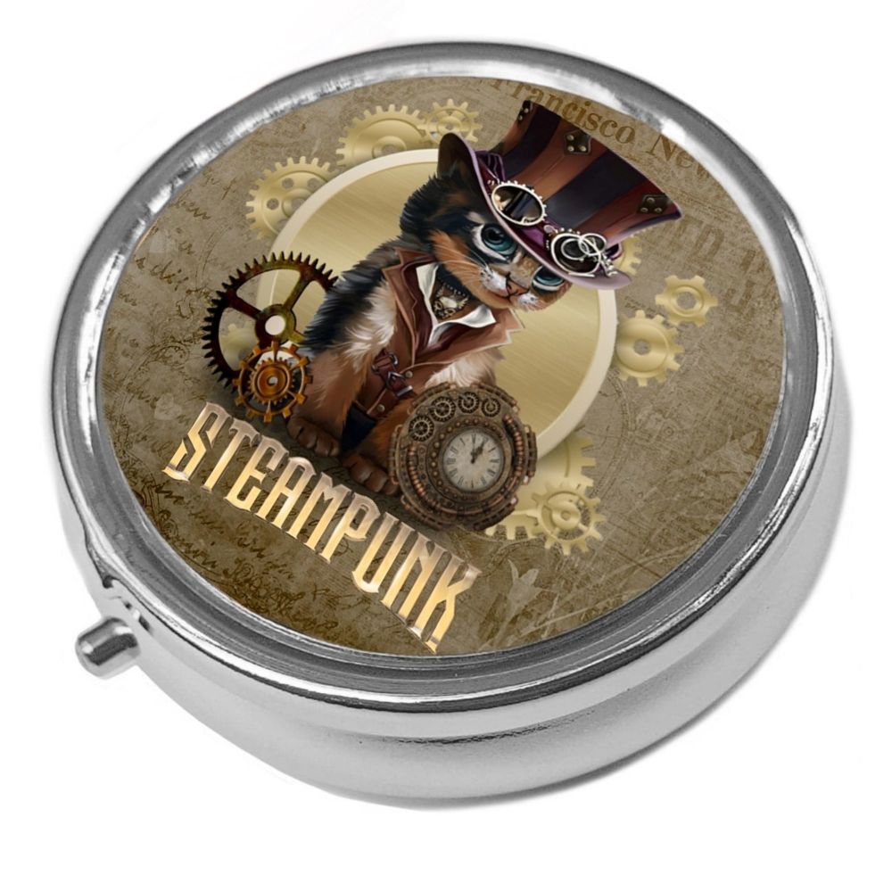 Steampunk Cat (2)- Metal Pill Box - Cat Trinket Box 