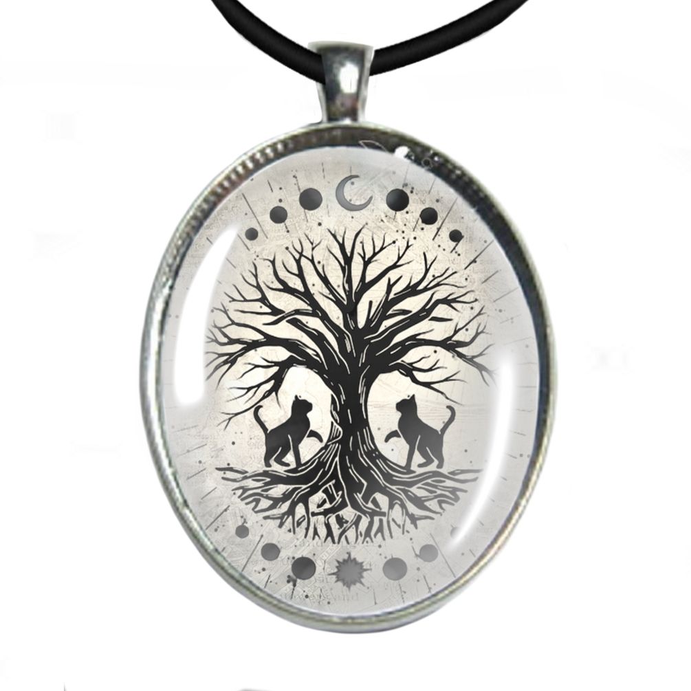Silver Plated Large Oval Cabochon Necklace - Tree Of Life, 2 Cats, Moon Phases 