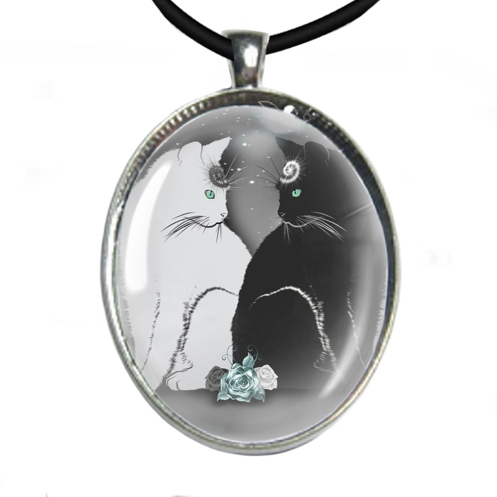 Silver Plated Large Oval Cabochon Necklace - Yin Yang Cats