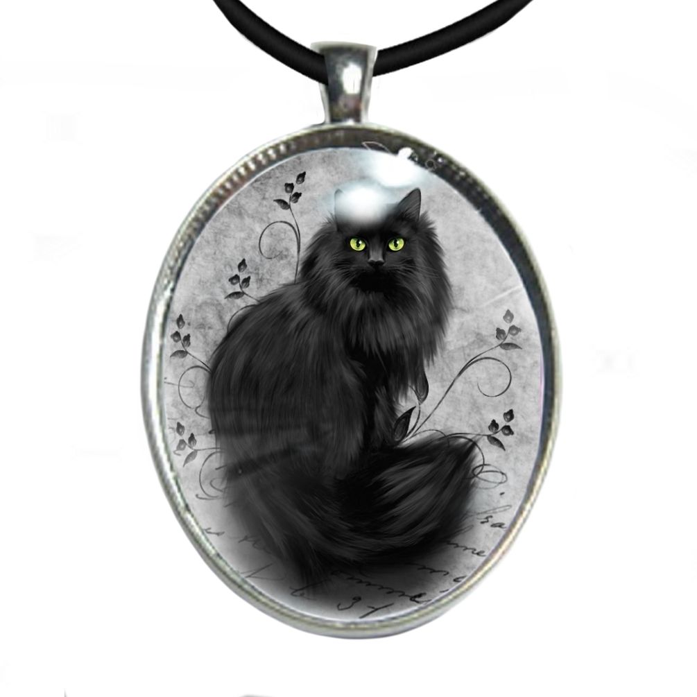Silver Plated Large Oval Cabochon Necklace - Black Fluffy Cat
