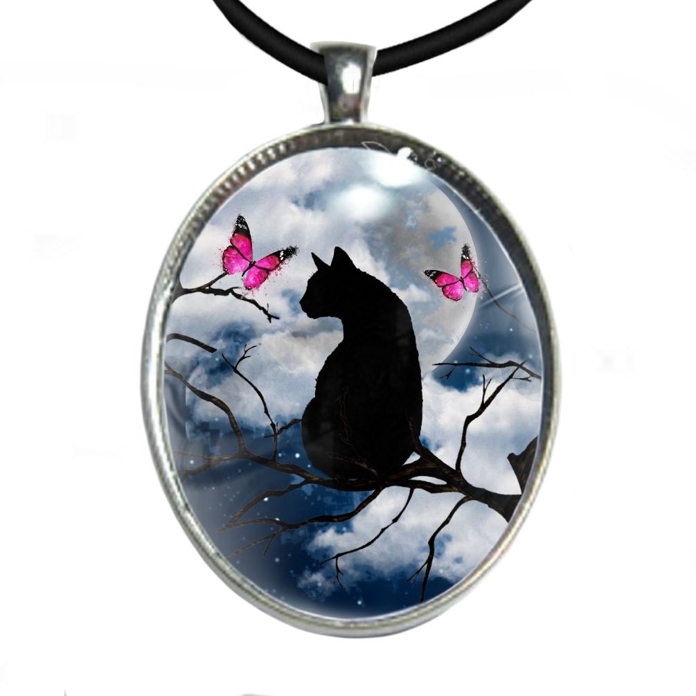 Silver Plated Large Oval Cabochon Necklace - Black Cat/Night & Pink Butterflies