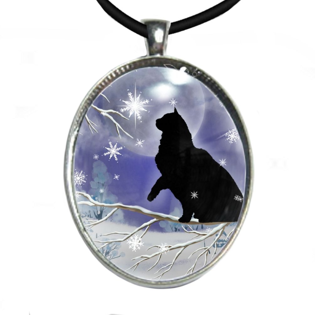 Silver Plated Large Oval Cabochon Necklace - Black Cat/& Snowflakes on A Winter Branch