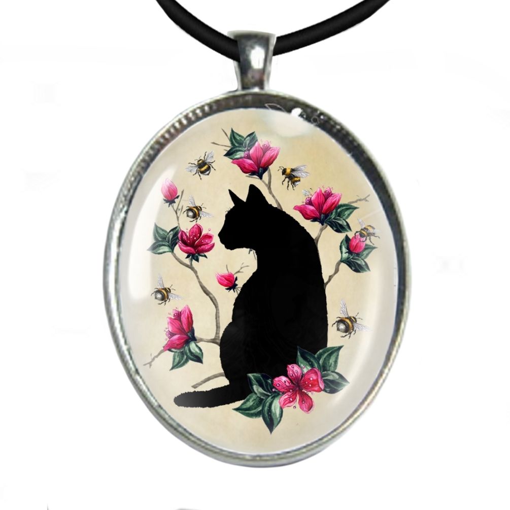 Silver Plated Large Oval Cabochon Necklace - Black Cat/Pink Flowers & Bees