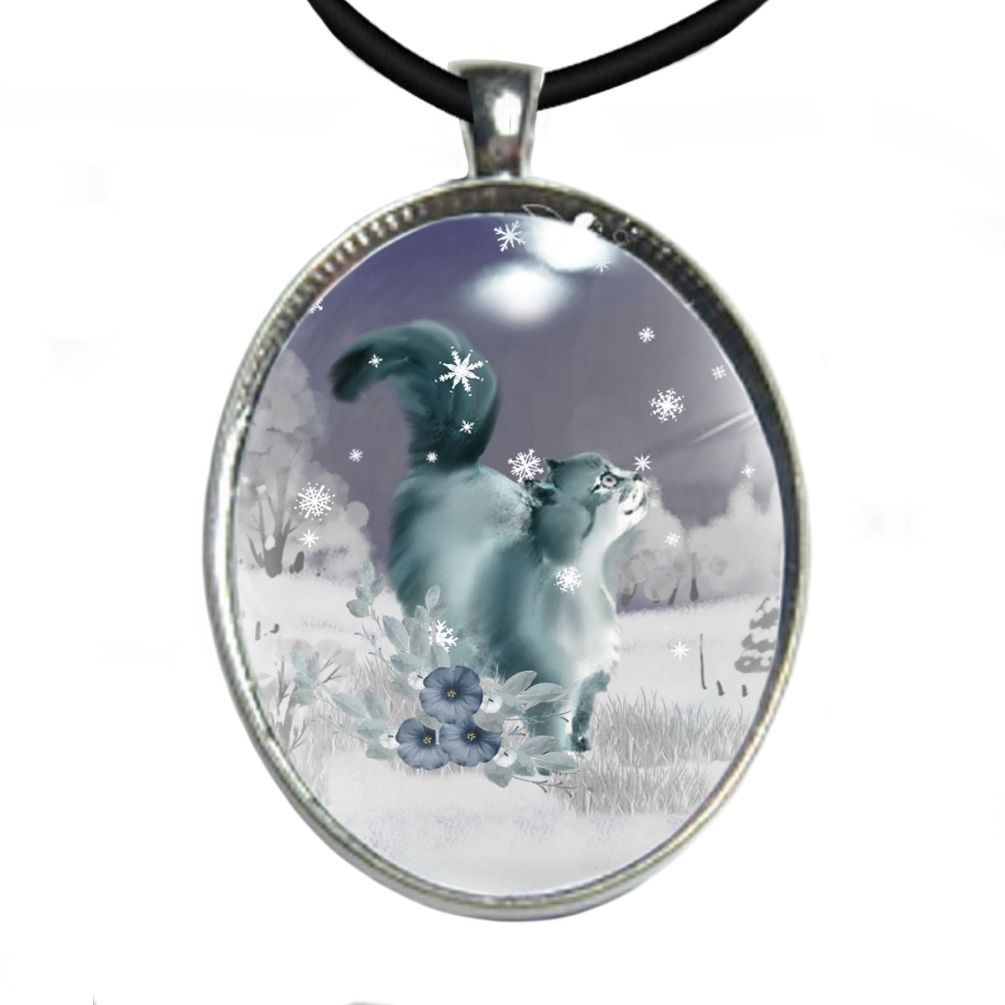 Silver Plated Large Oval Cabochon Necklace - Little Watercolour Cat in The Snow