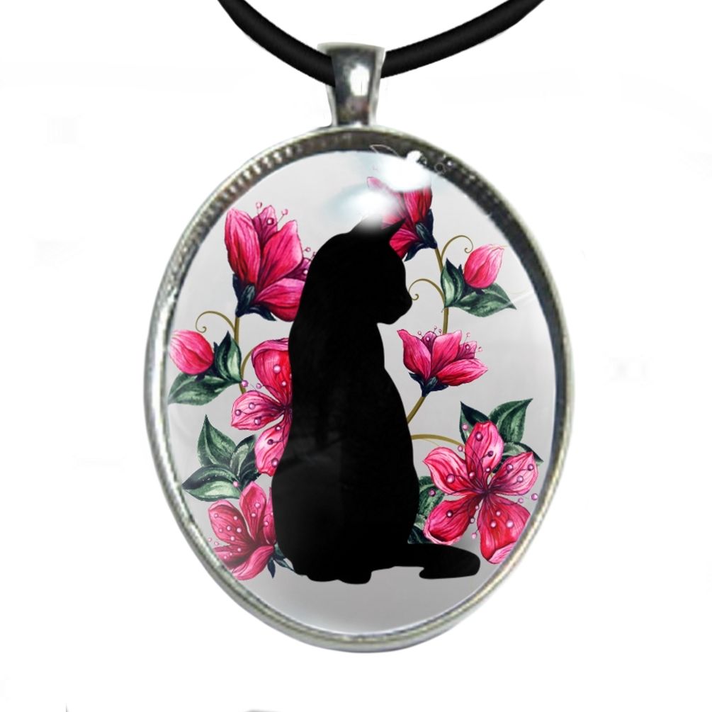 Silver Plated Large Oval Cabochon Necklace - Black Cat & Pink Lilies