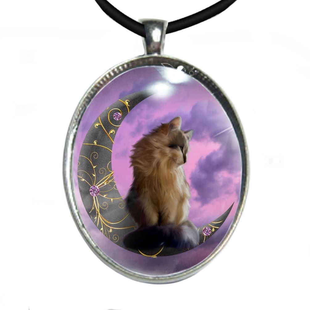 Silver Plated Large Oval Cabochon Necklace - Longhair Cat & Black Moon