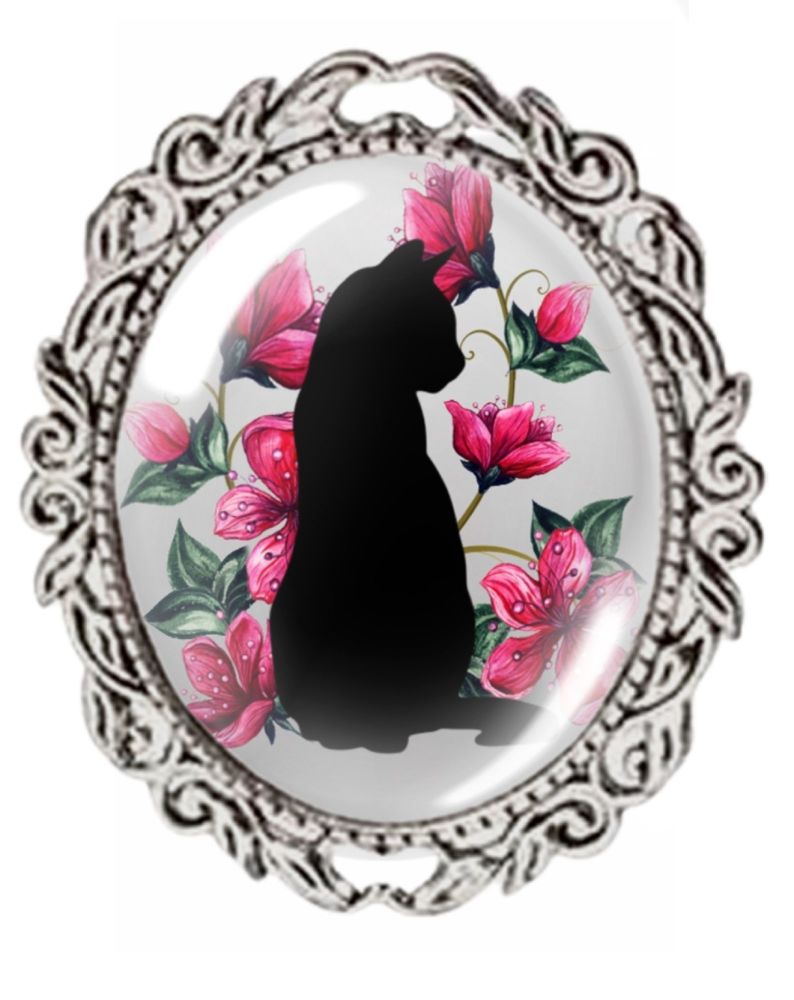Silver Colour - Oval Glass Cabochon Brooch - Black Cat & Pink Lilies