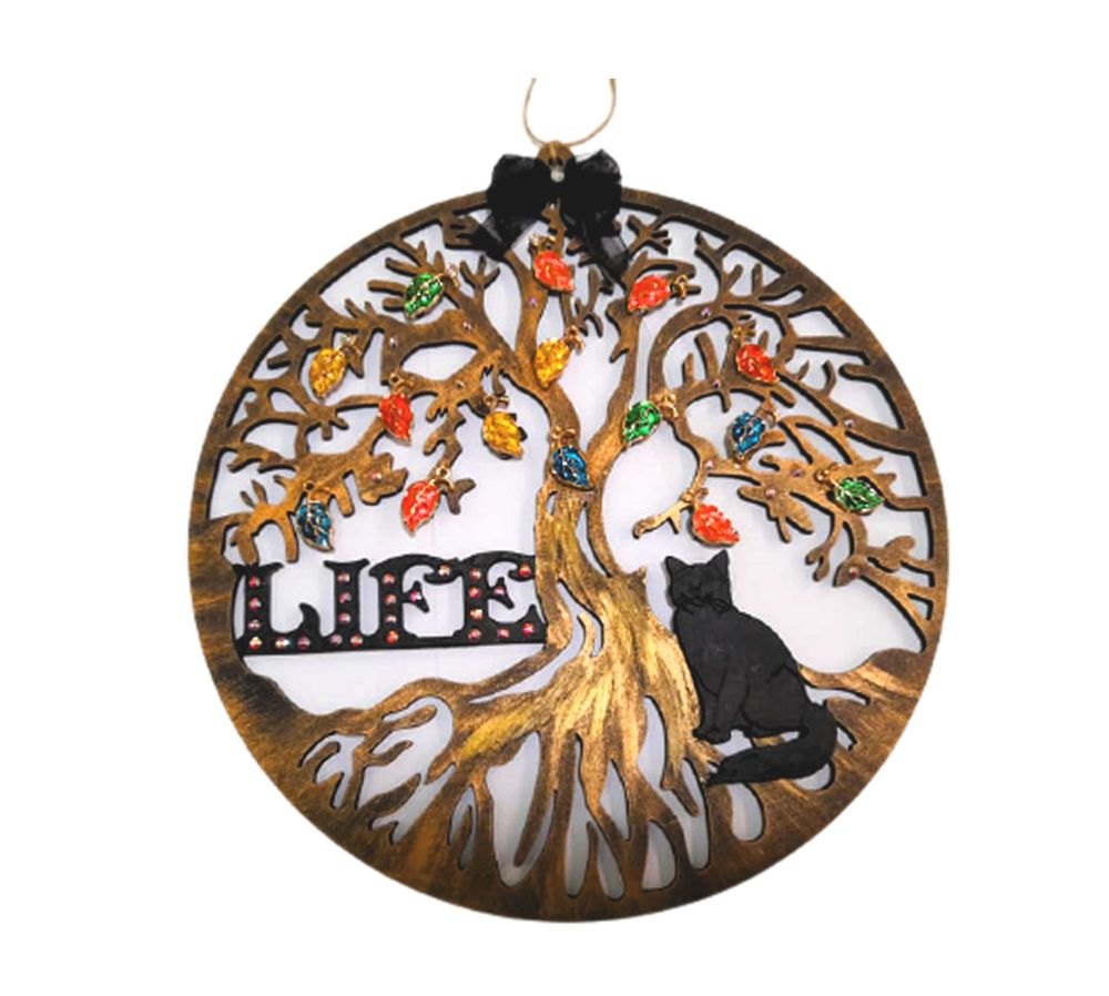 Round Wooden Tree Of Life, Enamel Leaves, Black Cat & Rhinestones - (TOL02)