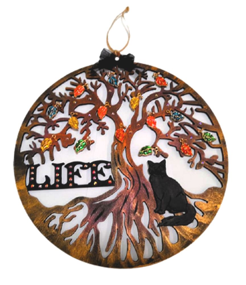 Round Wooden Tree Of Life, Enamel Leaves, Black Cat & Rhinestones - (TOL01)