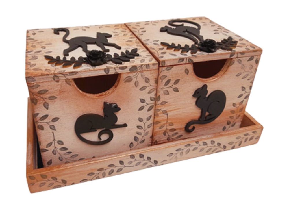 Double Box Storage On Tray - Black Cats & Roses - B353
