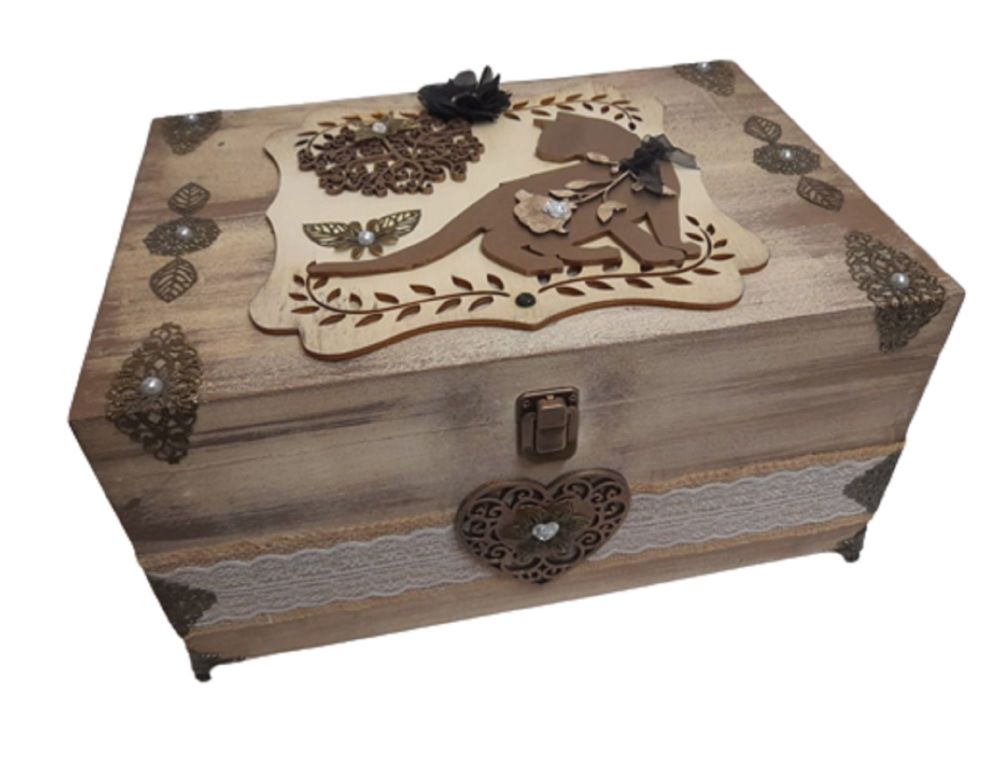 LARGE - Chest on Brass Feet - Golds & Burlap Cat Chest - B354