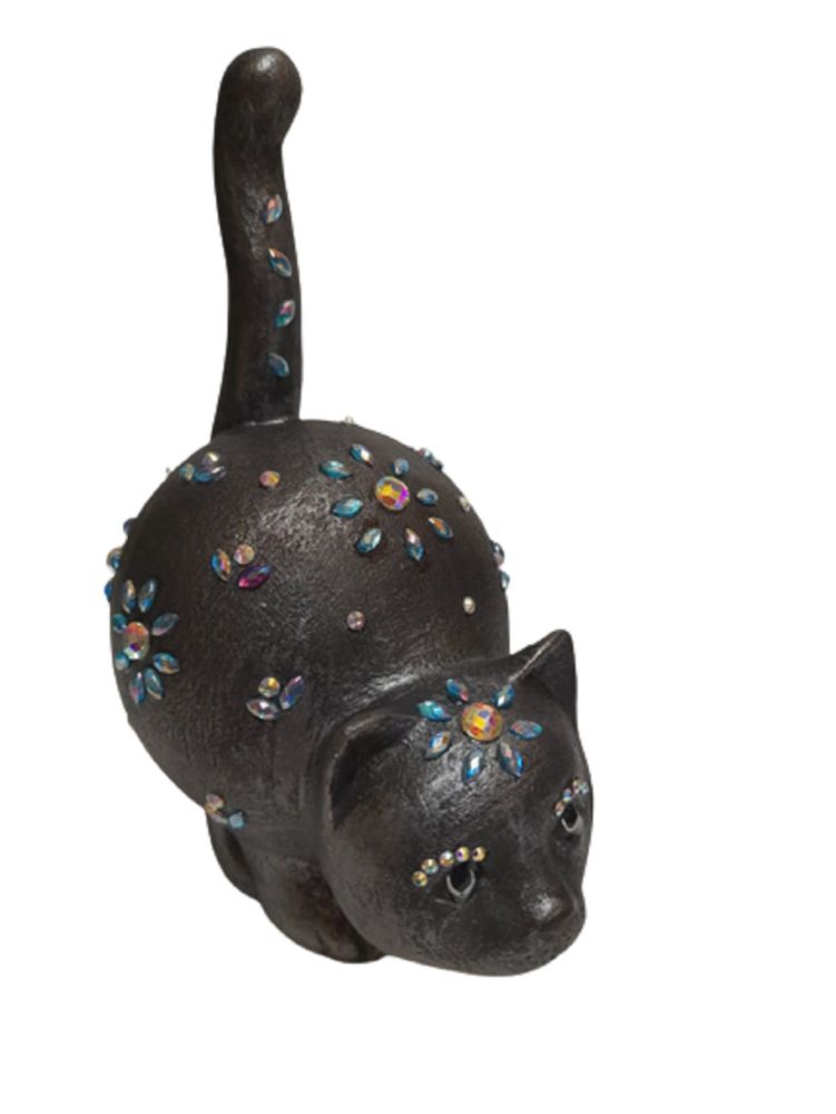 Pottery Gem Cat - Silver with Rainbow Gems - G325