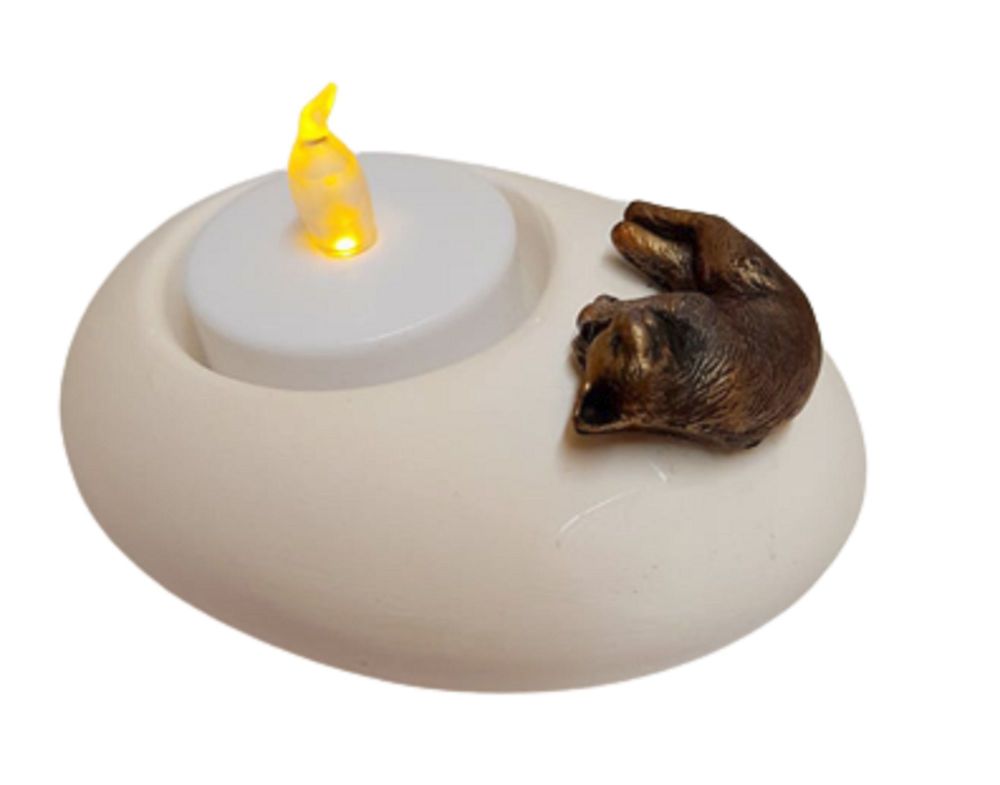 Pottery Pebble Sleeping Cat Tea Light Candle Holder - G327