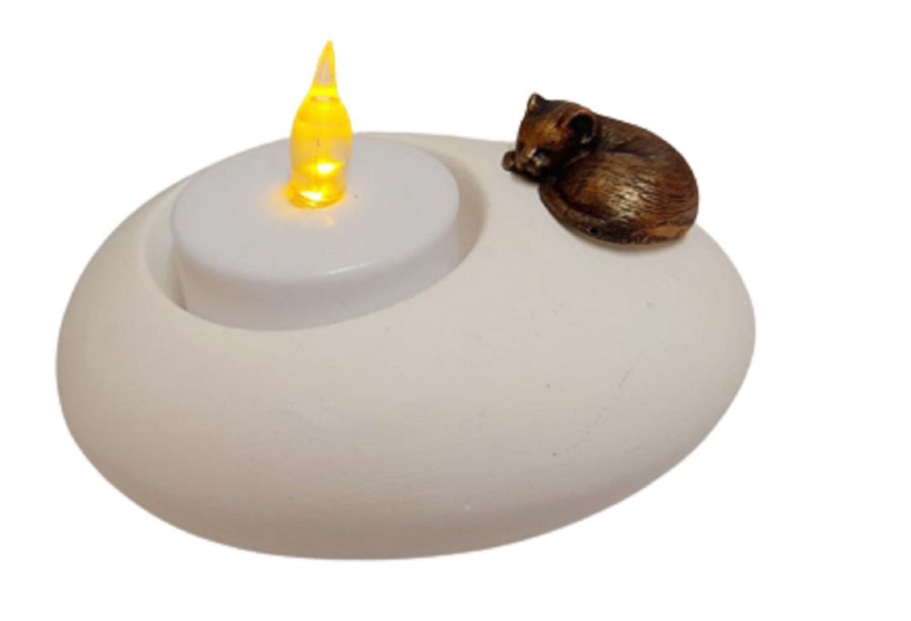 Pottery Pebble Sleeping Cat Tea Light Candle Holder  (Curled Up)- G328
