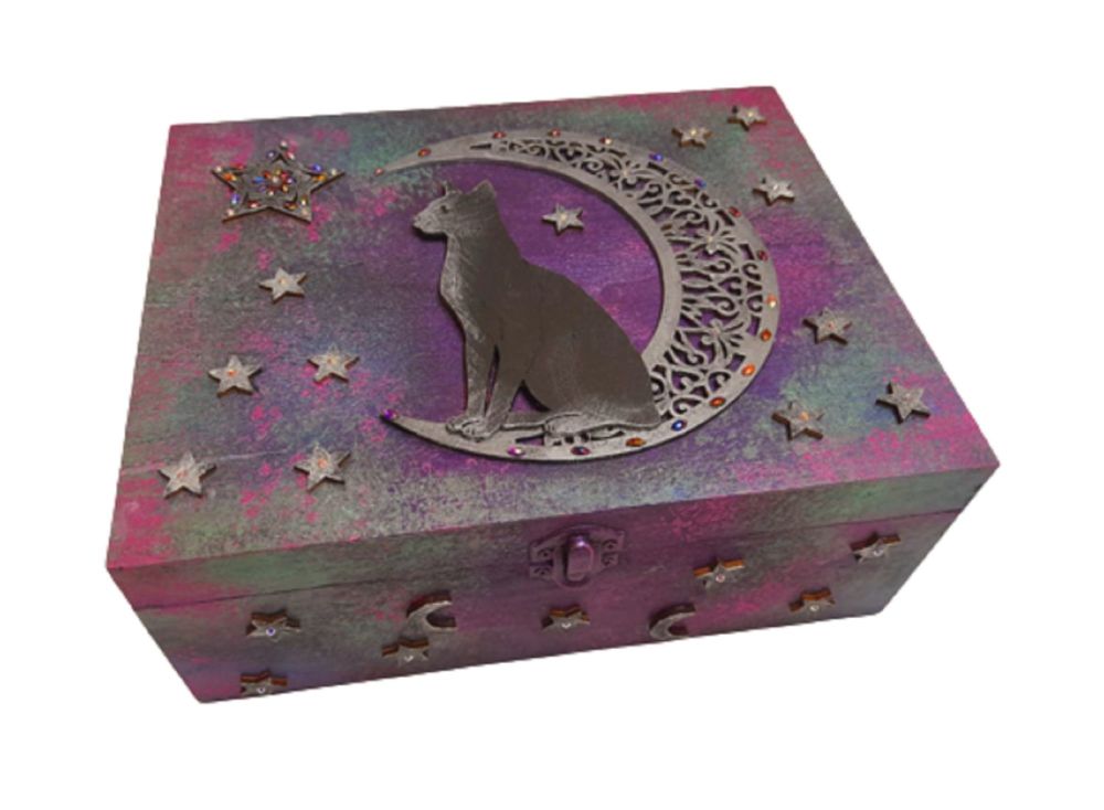 Cat, Moon and Star - Wooden Storage Box - B360