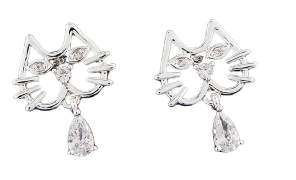 Modern Kitty Face Silver Plated Earrings - CZ Drop Earrings