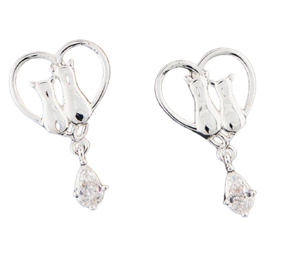 Cats In Heart Silver Plated Earrings - CZ Drop Earrings