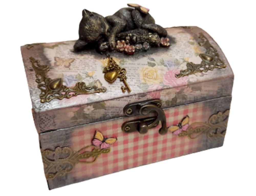 Sleeping Ktten Chest & Bronze - Butterflies & Heart/Key Chain- B363