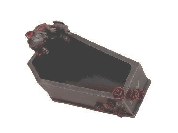 Sleeping Bat Kitten On Coffin Box With Red Roses - S27