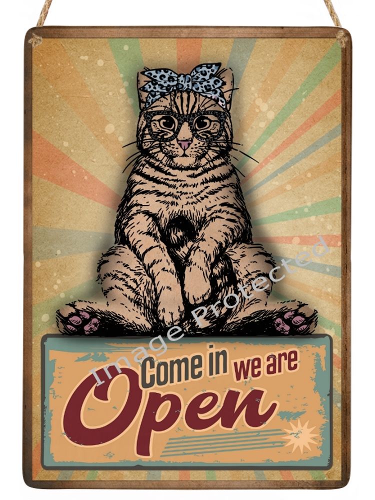 Hanging Metal Cat Sign - Vintage Cat Retro Sign - We Are Open