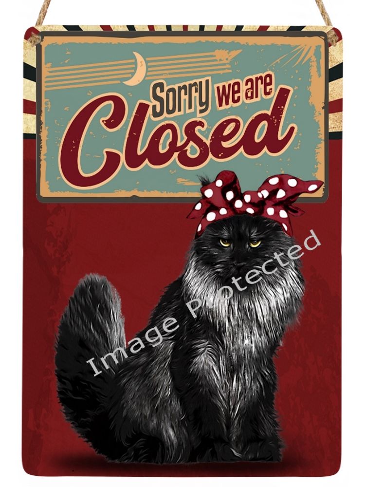 Hanging Metal Cat Sign - Vintage Cat Retro Sign - We Are Closed