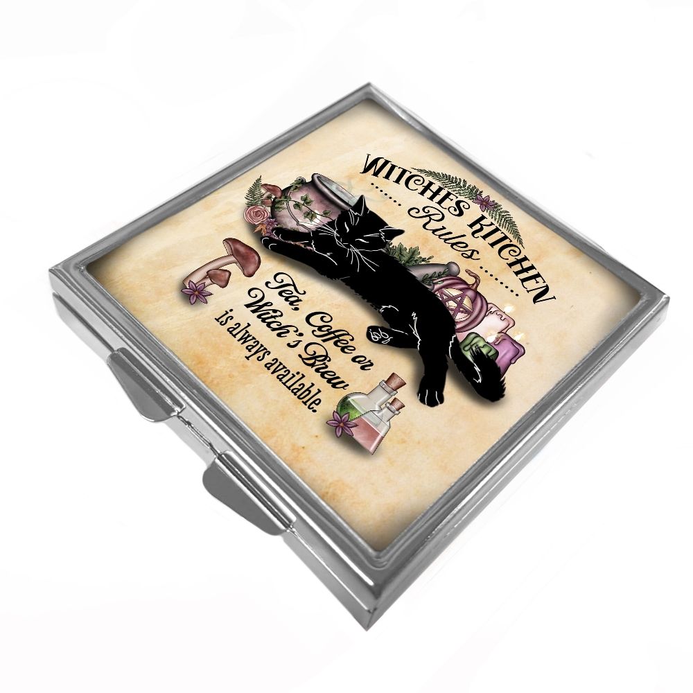 Black Cat - Slim Silver Compact Mirror (Square) - Witches Kitchen Rules