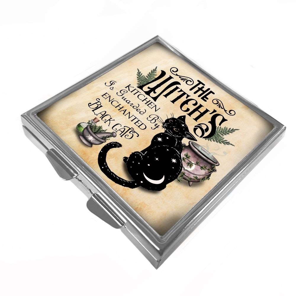 Black Cat - Slim Silver Compact Mirror (Square) - Witches Kitchen & Enchanted Black cats