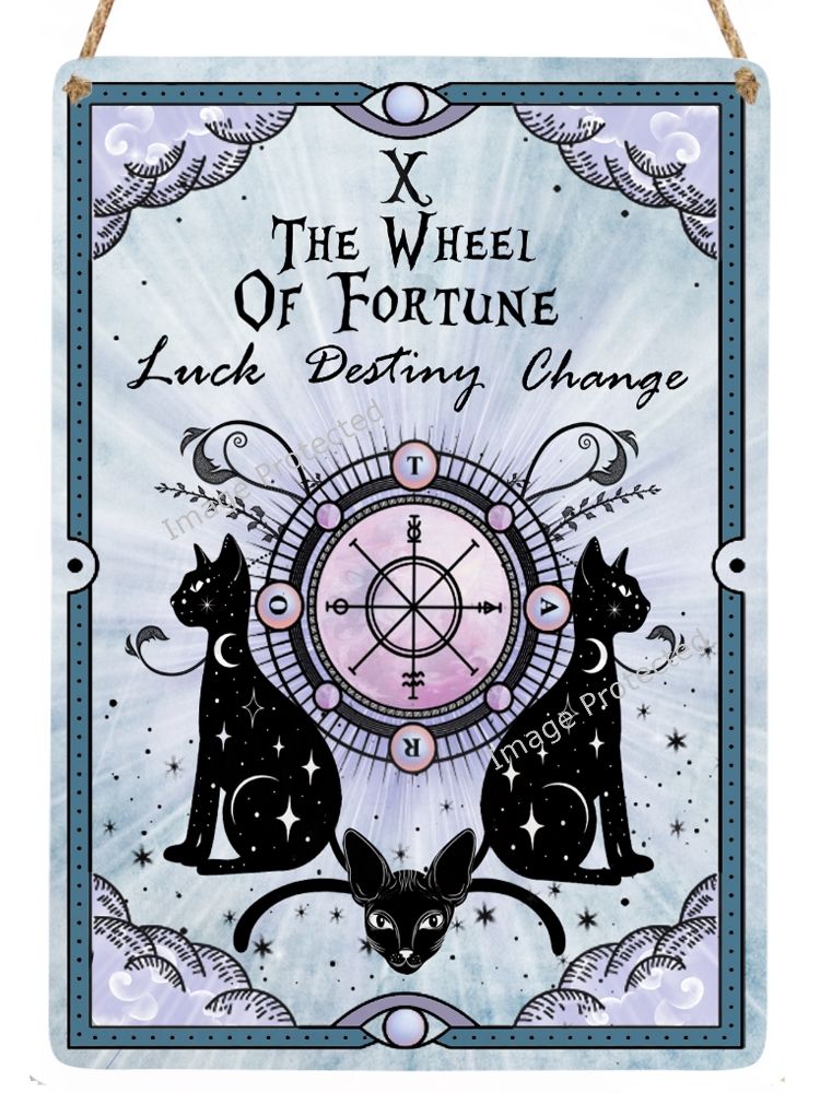 Celestial Cat Tarot Metal Sign - 10 The Wheel Of Fortune