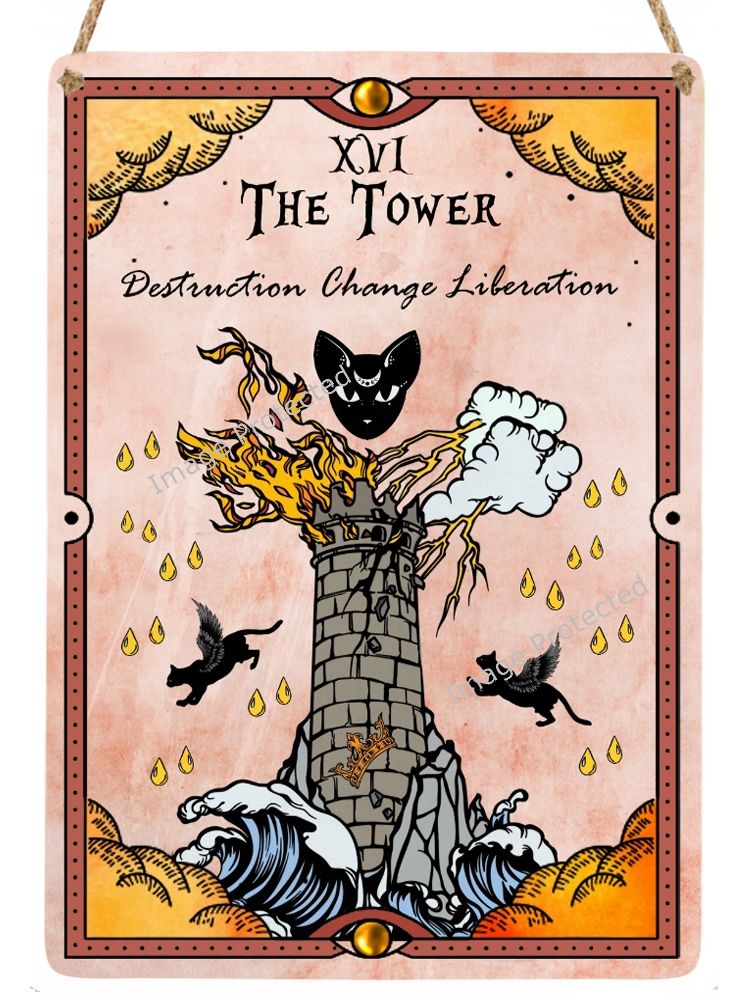 Celestial Cat Tarot Metal Sign - 16 The Tower