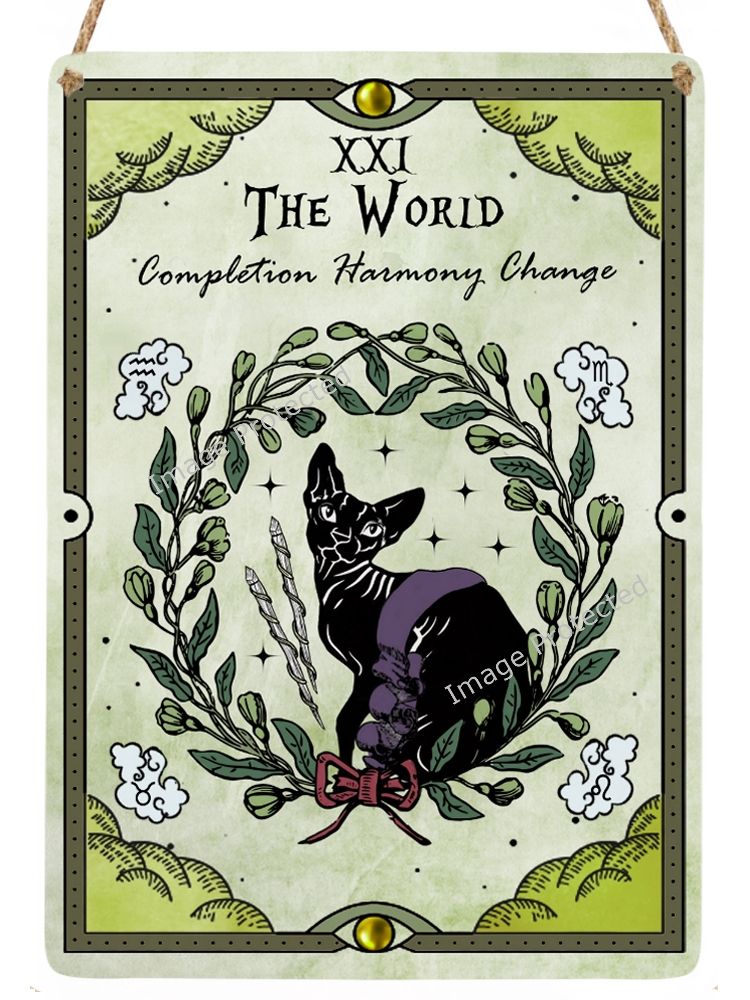 Celestial Cat Tarot Metal Sign - 21 The World