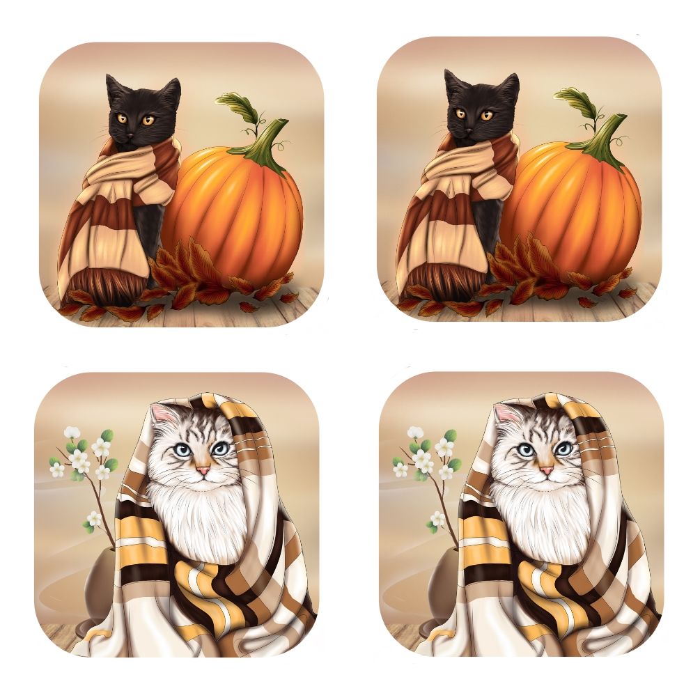 Set Of 4 - Autumn Cats MDF Cork Backed Coasters