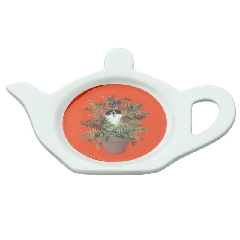 Kim Haskins Cat in Plant Pot Red Porcelain Teapot Shaped Teabag Dish/Holder