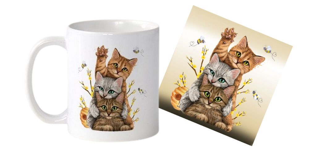 Cat Mug & Coaster Set - Kittens & Bees - Bee Time