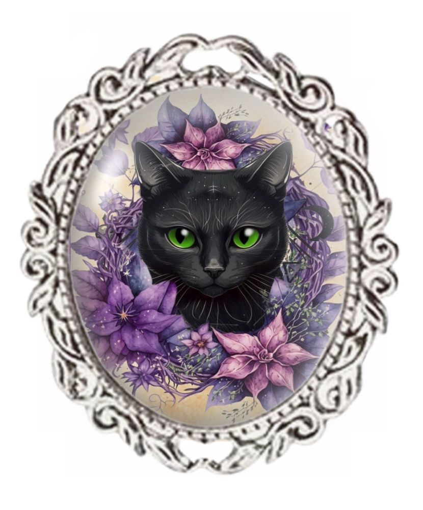 Silver Colour - Oval Glass Cabochon Brooch - Black Cat & Purple Flowers