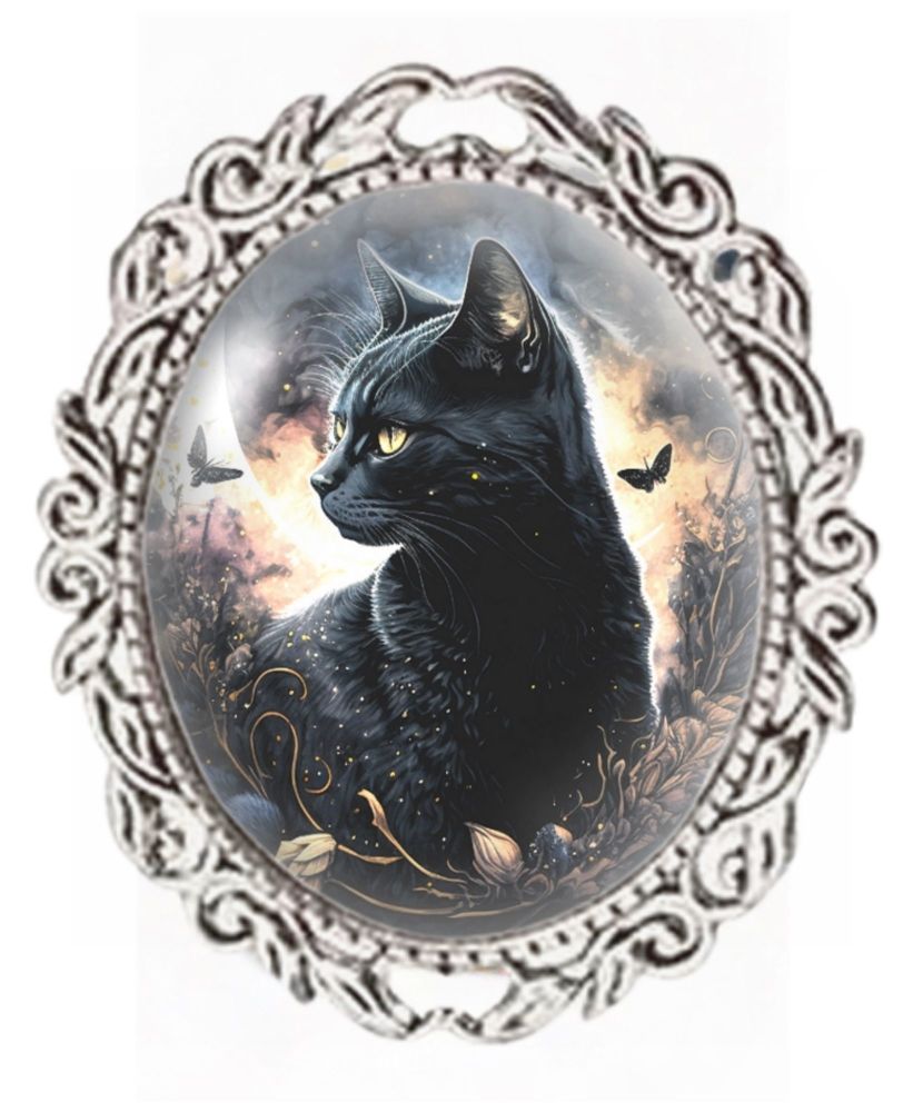 Silver Colour - Oval Glass Cabochon Brooch - Black Cat Sunset