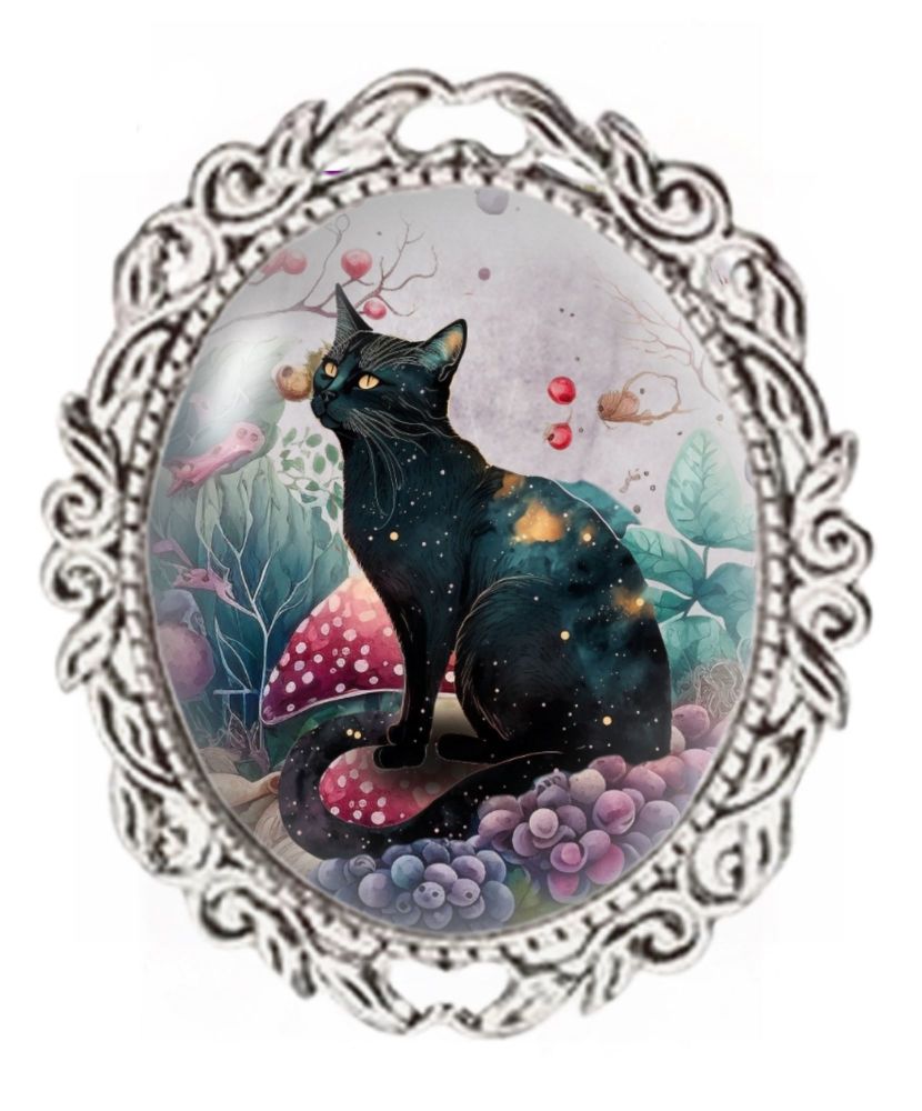 Silver Colour - Oval Glass Cabochon Brooch - Cat & Magical Forest