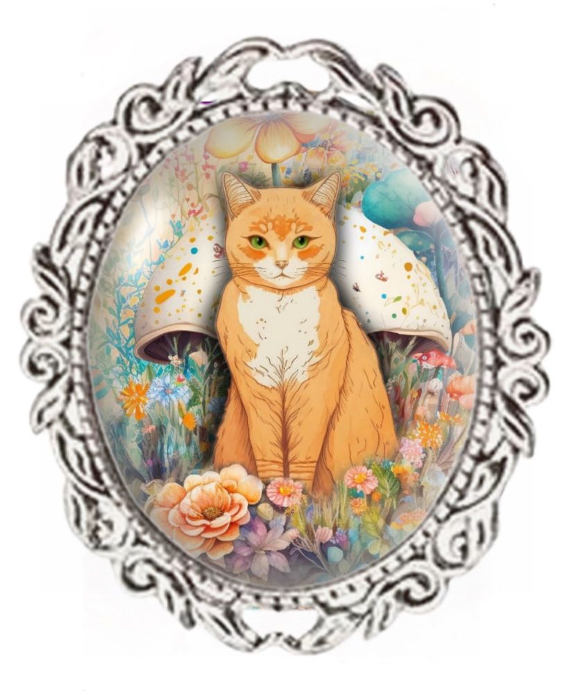 Silver Colour - Oval Glass Cabochon Brooch - Ginger Cat