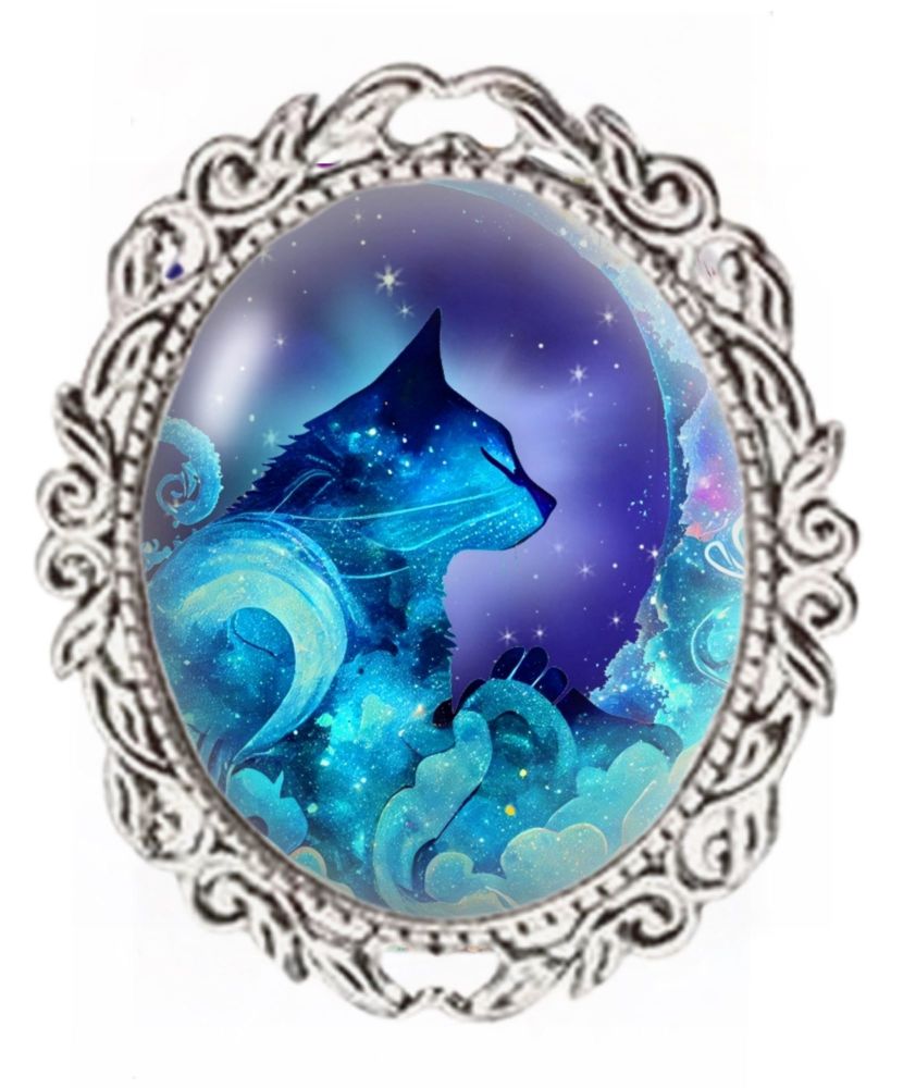 Silver Colour - Oval Glass Cabochon Brooch - Blue Dream Cat