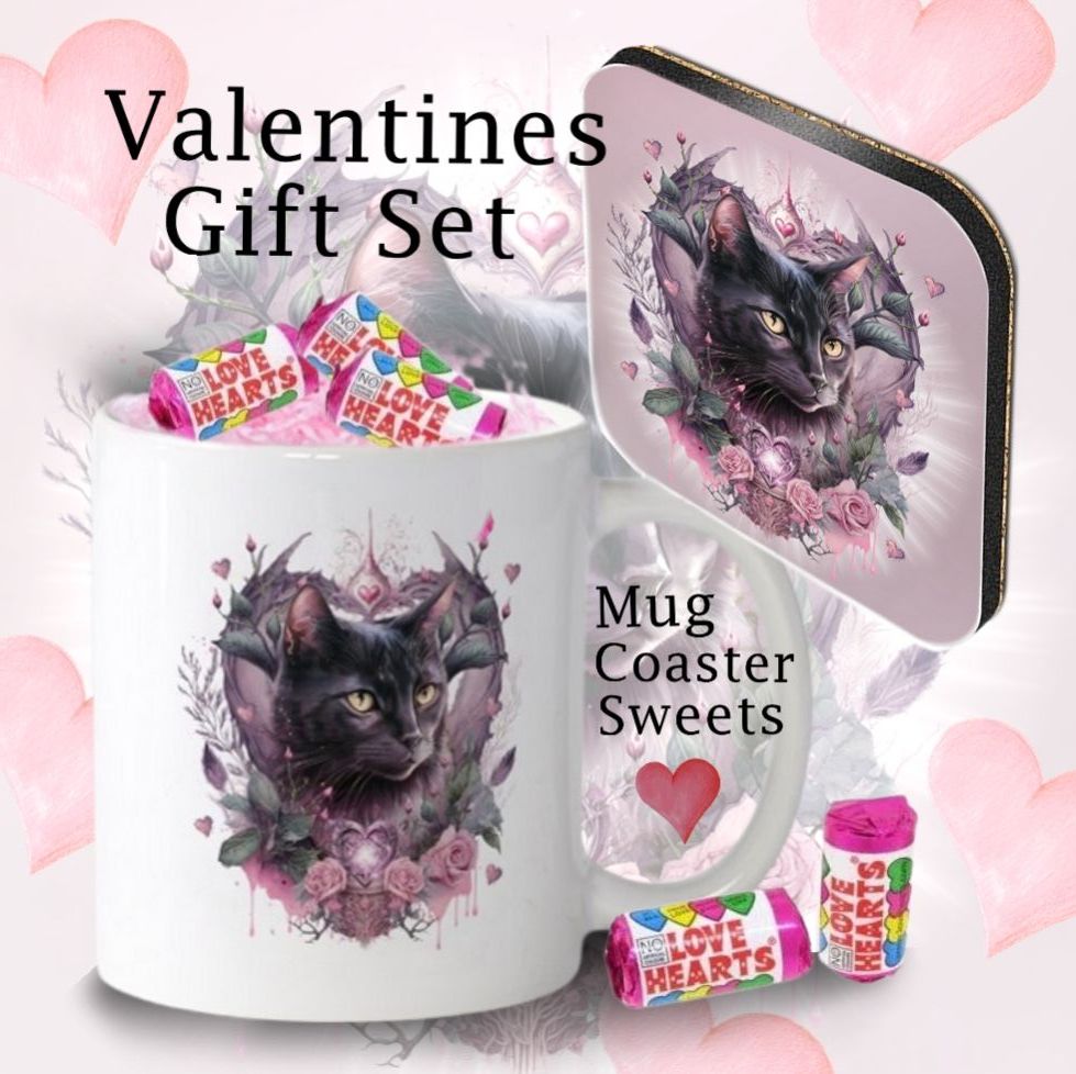 Cat Mug & Coaster Set With Sweets - Valentine Cat